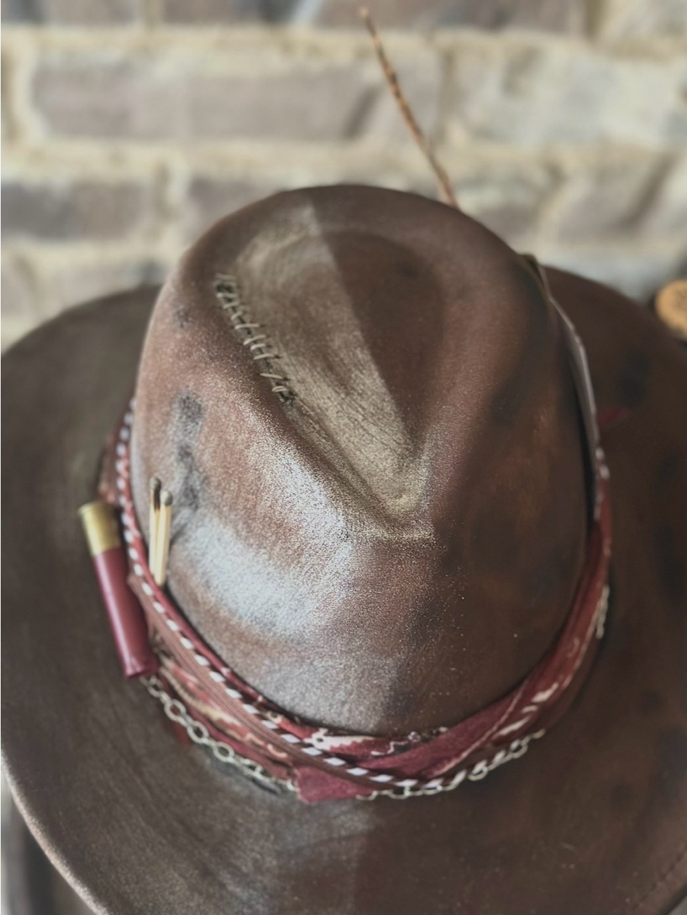 Women’s Brown Distressed Leather Western Hat with Red Bandana Accent - Picture 2 of 5